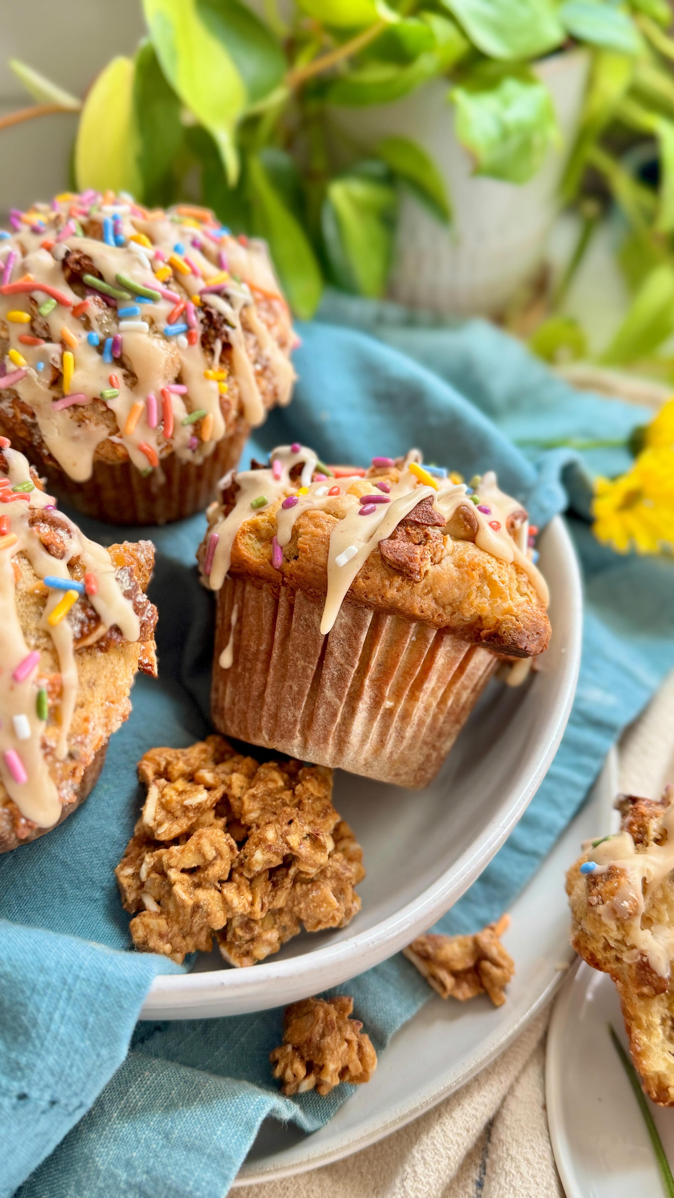 🎉 One year ago today WAFFLE CONE GRANOLA made it’s way into the world via my dream collab with Michelle of @nanajoesgranola 🧡
.
BAKERY-STYLE GRANOLA MUFFINS w/ GRANOLA BUTTER DRIZZLE because it’s a party over here & it’s time to celebrate!.

I’m kicking things off with new recipes starting with this gem!
.
These might be the most beautiful muffins I have ever made & that is saying a lot given how many I’ve made the last decade!
..

Granola butter-infused muffin topped with extra waffle cone granola
+ a dreamy granola butter glaze cascading down the sides
...& rainbow 🌈 sprinkles because this is a CELEBRATION!
.
Gluten & dairy free options included! Stay tuned, there will be delicious days ahead w/ more new recipes coming up!

Comment: RECIPE for a link to the full recipe right to your DM’s or head to that link in bio.

https://backporchpaleo.com/2026/04/29/bakery-style-granola-muffins-with-granola-butter-drizzle/
@nanajoesgranola @lehimills @organicvalley

#waffleconegranola #conecollab #nanajoesgranola #backporchpaleo